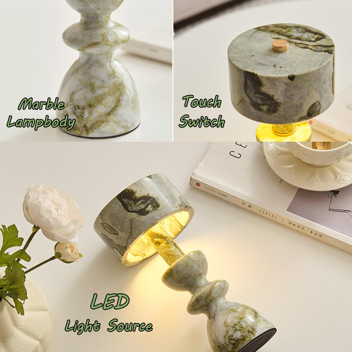 Generico Lampade touch in marmo verde giada Lampada da comodino moderna dimmerabile in stile art deco nordico for comodino, ufficio e soggiorno(Green Jade)
