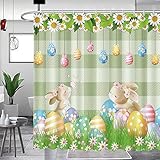 AIBIIN 72x72 inch Happy Easter Shower Curtain Cartoon Funny Rabbit Ears Spring Garden Colorful Eggs