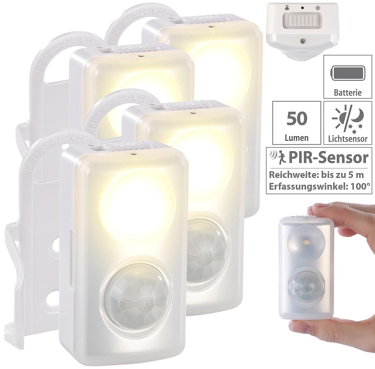 PEARL Nachtlicht mit Batterie: 4er-Set LED-Nachtlicht, Bewegungs-/Dämmerungs-Sensor, Batteriebetrieb (Batterie Wand, Sensor, Baby)