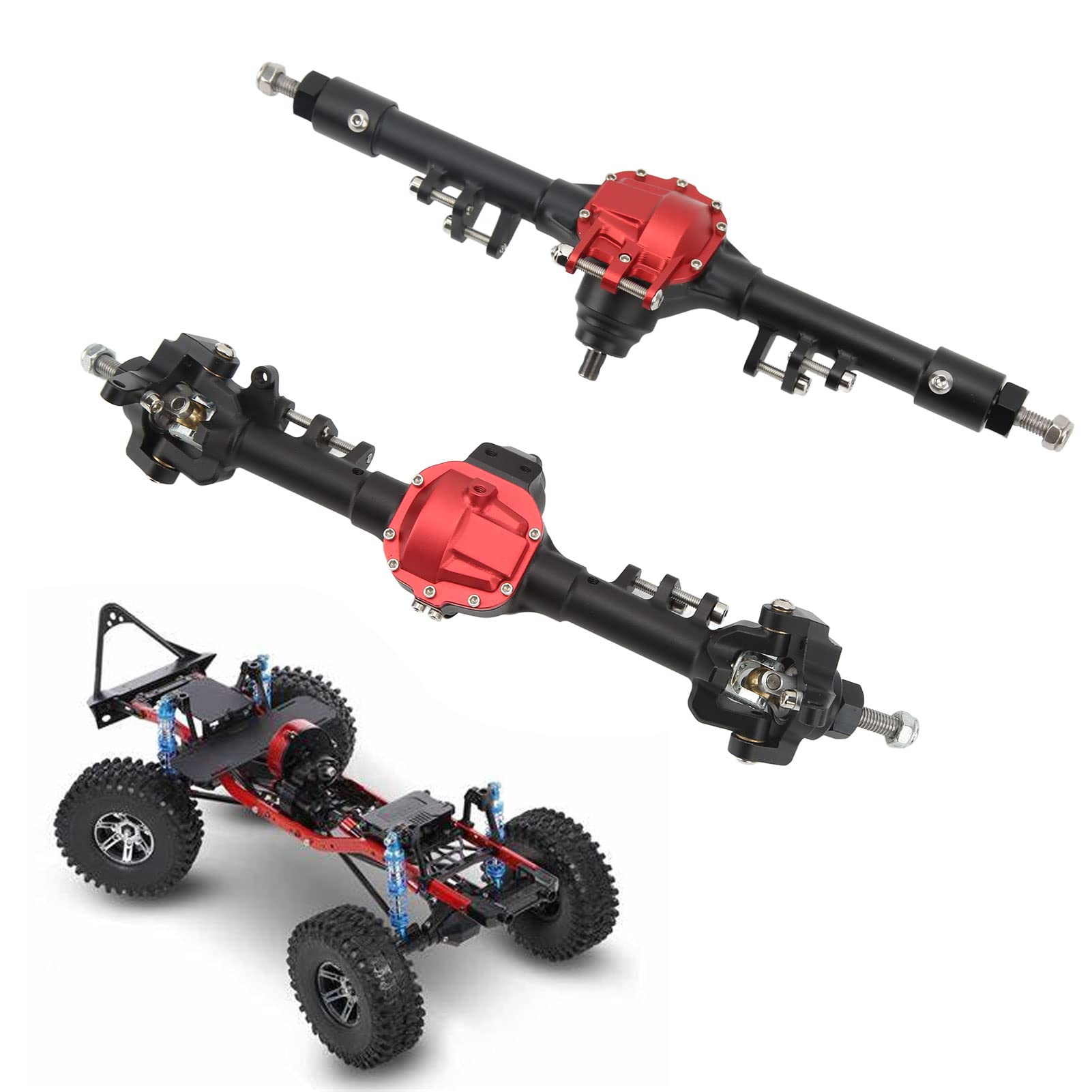 Zestaw przednich i tylnych osi RC z metalu, duży zintegrowany układ kierowniczy, oś samochodu RC do SCX10 II 90046 90047 D90 D1101/10 RC samochód gąsienicowy (czarny czerwony)