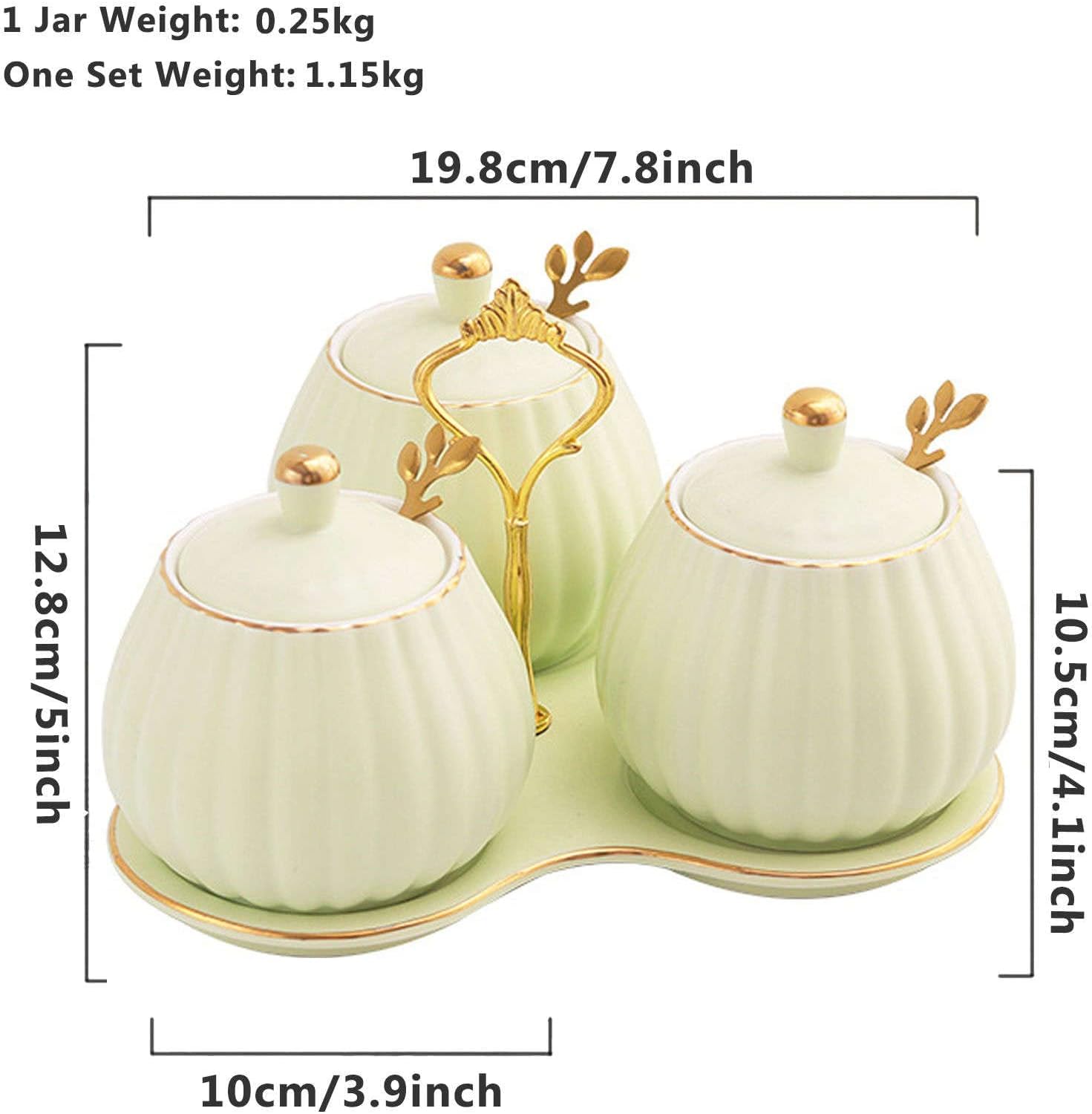 SAeWare Tarro de condimentos, contenedor de especias de cerámica, juego de condimentos con tapa de cuchara y bandeja, botes de almacenamiento de especias para azúcar, sal y encimera de cocina, verde