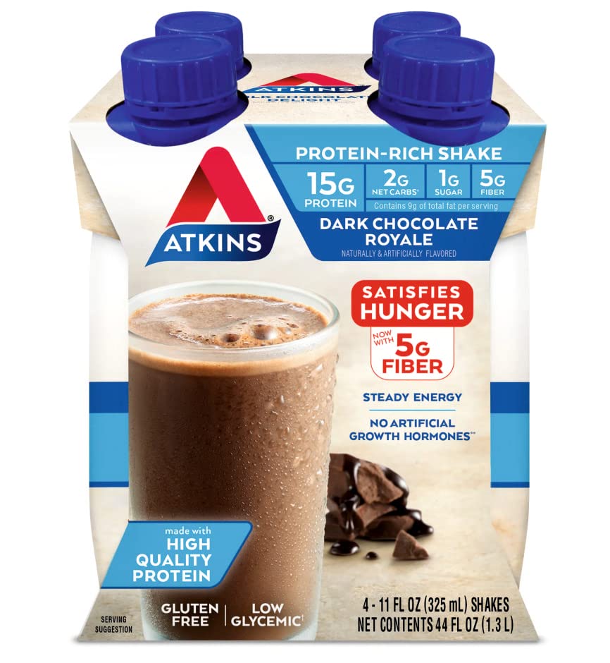 Atkins Gluten Free Protein-Rich Shake, Dark Chocolate Royale, 4 Count Dark Choc Royale 44 Fl Oz (Pack of 1)