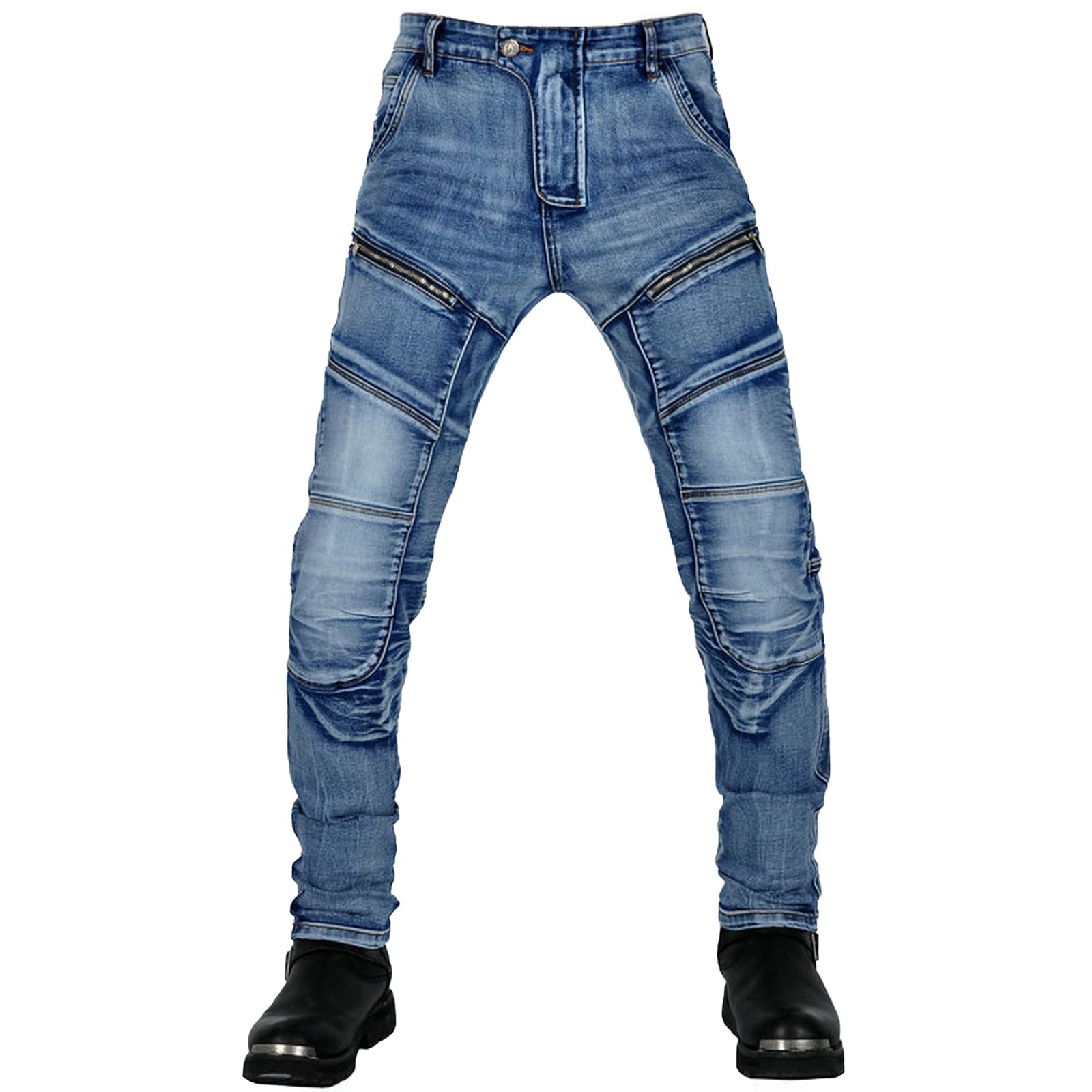 Męskie spodnie motocyklowe, jeansy, rozciągliwe, styl vintage, tekstylne, z ochraniaczami, niebieski, XXL