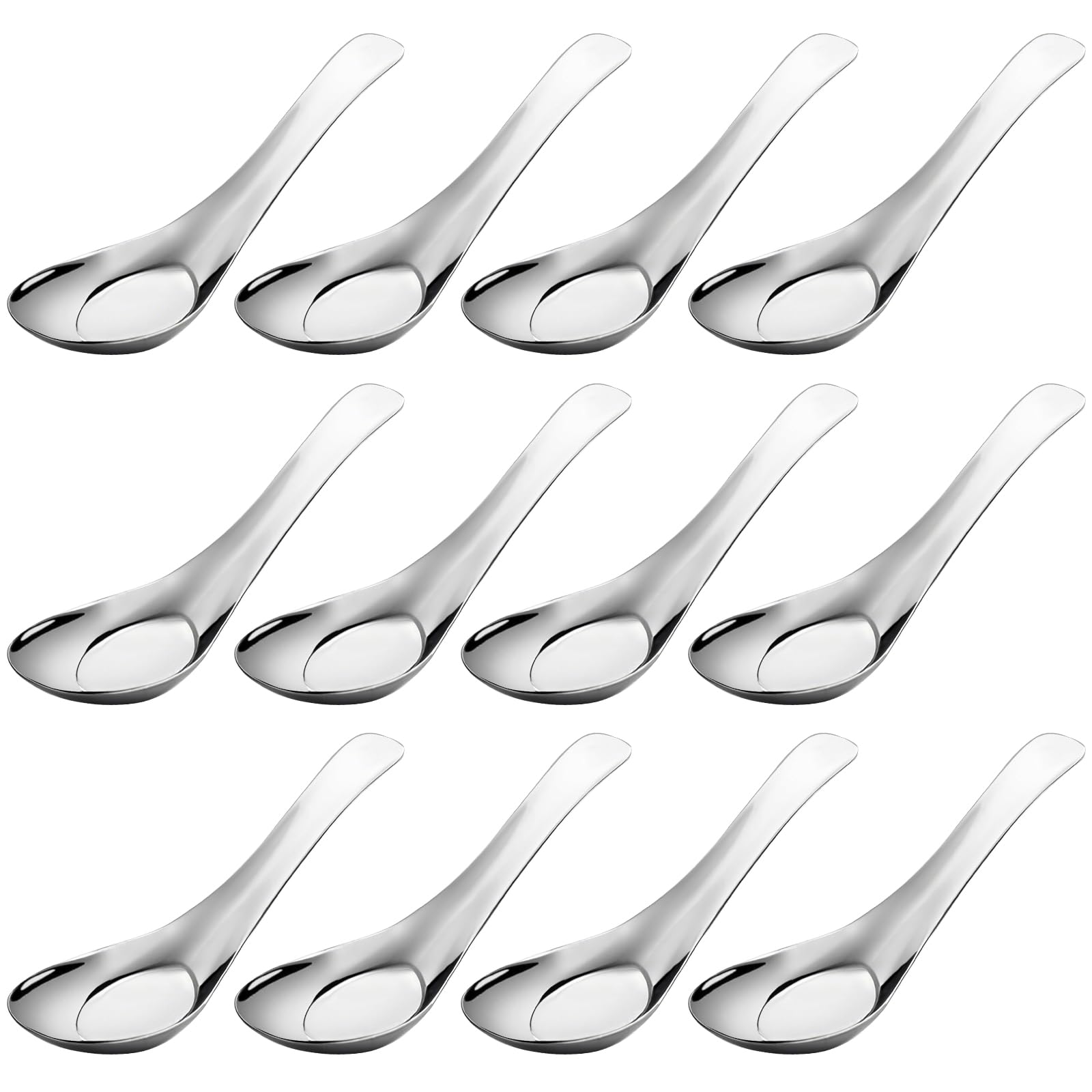 Suwimut Set of 12 Soup Spoons, 5.5 Inch 18/8 Stainless Steel Dinner Spoons Chinese Soup Spoons, Mirror Polished Asian Soup Spoons Silverware for Bouillon, Dessert, Cereal, Wonton, Ramen, Dumpling