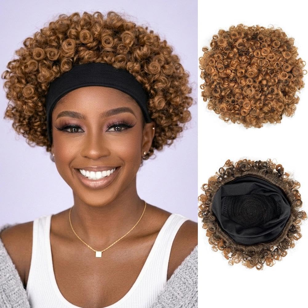 Allyreetress Afro Wigs for Black Women Glueless,Short Kinky Curly Wig with headbands attached Synthetic with 2 Clips(BrownT30)