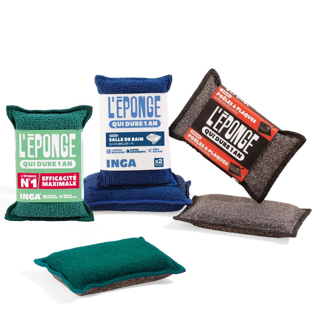 Inga – Pack Trio Expert Home: 6 esponjas lavables (2 raspadores verdes + 2 baño + 2 sartenes y placas) – Una esponja para cada uso – Ultra eficaz y reutilizable – Fabricado en Europa
