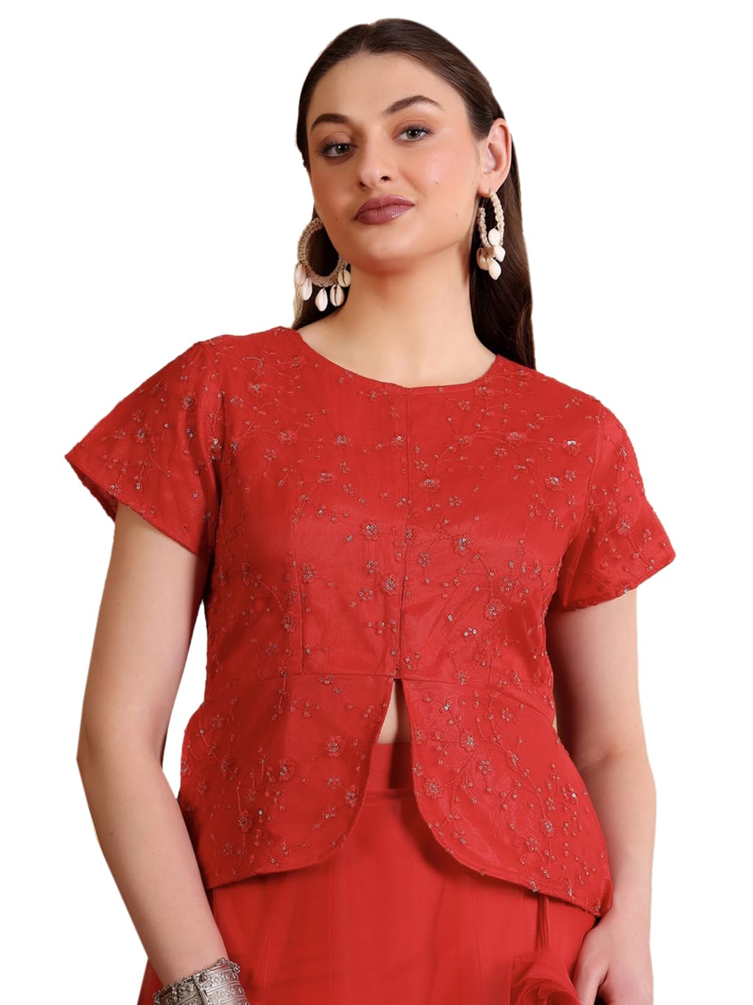 fr frolic rolic Frolic Rolic Red Women Net Embroidered Waist Length Round Neck Short Sleeves Blouse-picture-20