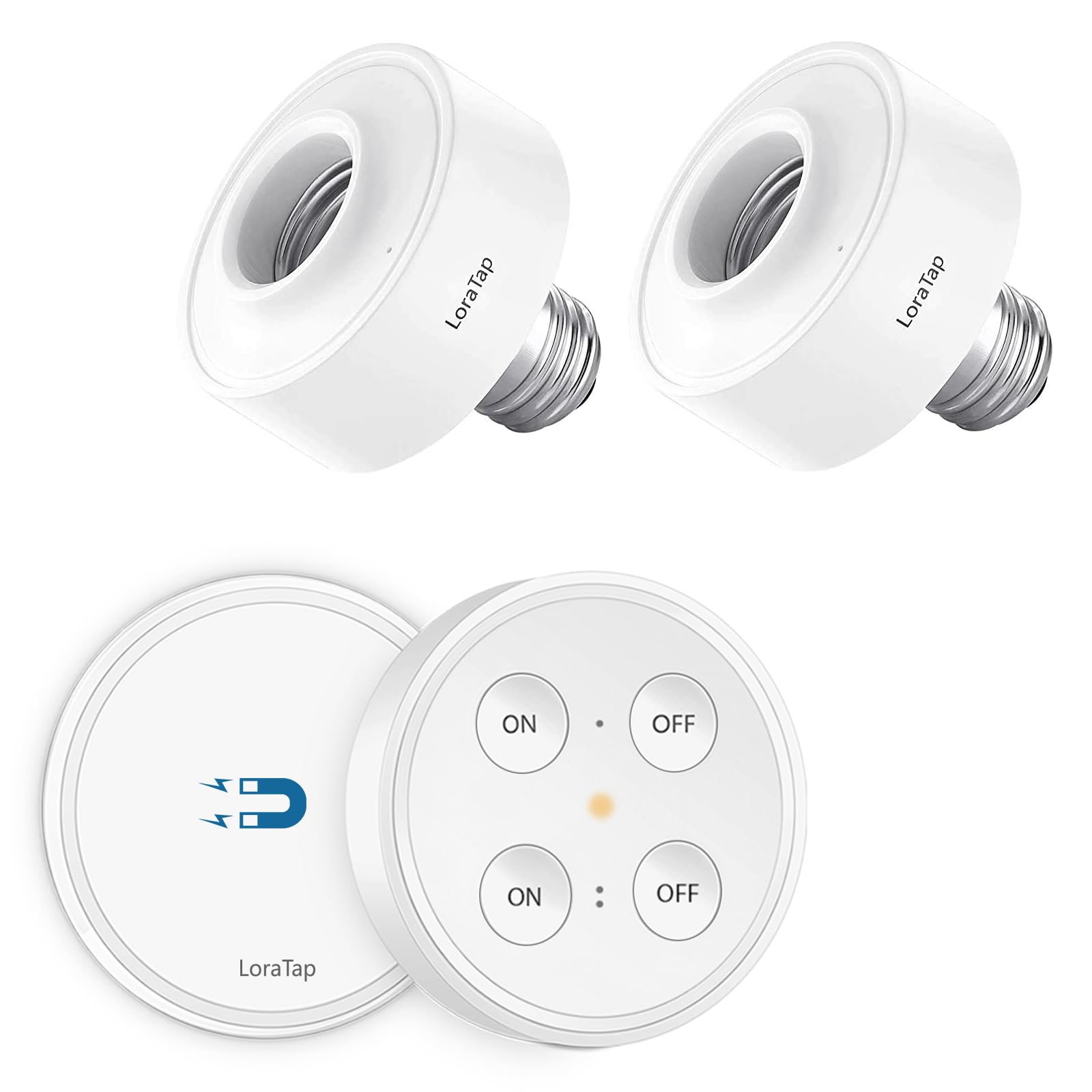 LoraTap Kit Interrupteur Sans Fil, 2x Douilles E27 1x Télécommande, Récepteur Contrôle 30W, Portée 200M, Culot Emetteur (Inclus), Commande à Distance Sans Fil ON/OFF Pour Ampoule E27