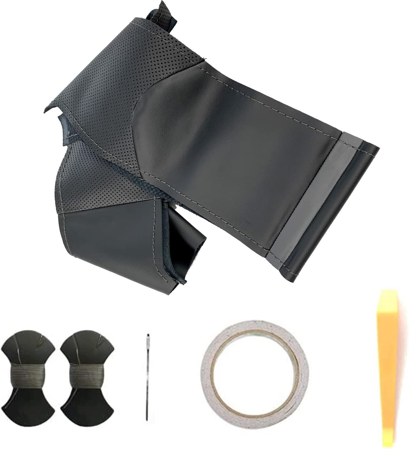 Hand-Sewing Steering Wheel Wrap Cover Black Perforated Leather/Grey Marker Strip Wrap Interior Protection Accessories for Chevrolet Silverado 1500 2019-2021 2500HD 3500HD/ Chevy Suburban 2020-2022