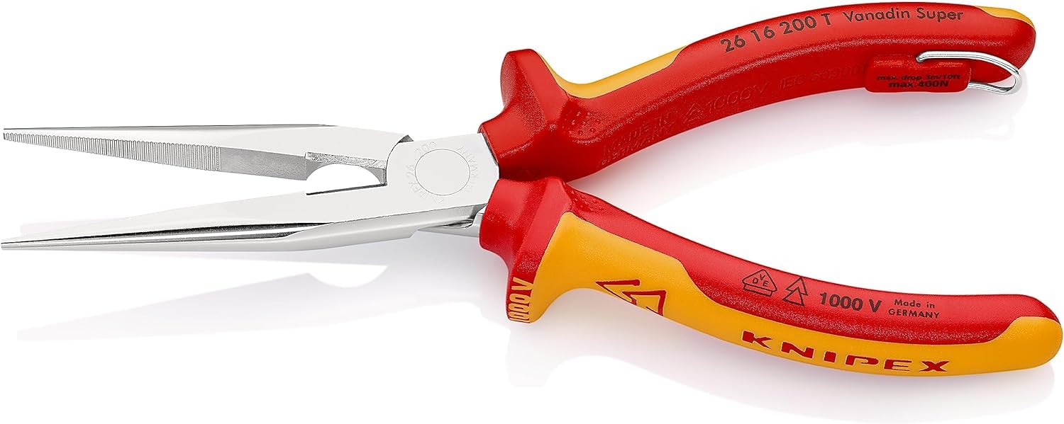 KNIPEX Alicate de montaje (alicate de boca cigüeña) cromado Aislado con fundas multicomponente, homologado por VDE; con anilla de, 26 16 200 T