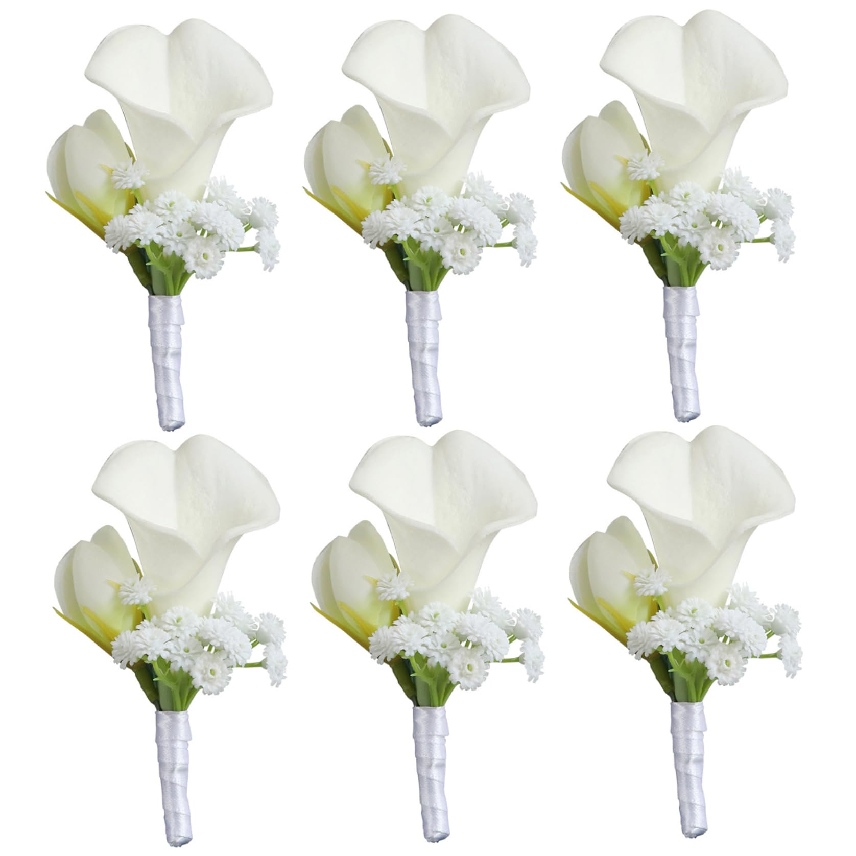 Monwssoe Artificial Flowers, 6Pcs Calla Lily Boutonniere for Men, Realistic Artificial Boutonniere for Weddings with Lace Wristband, Elegant White Groomsmen Boutonnieres Set