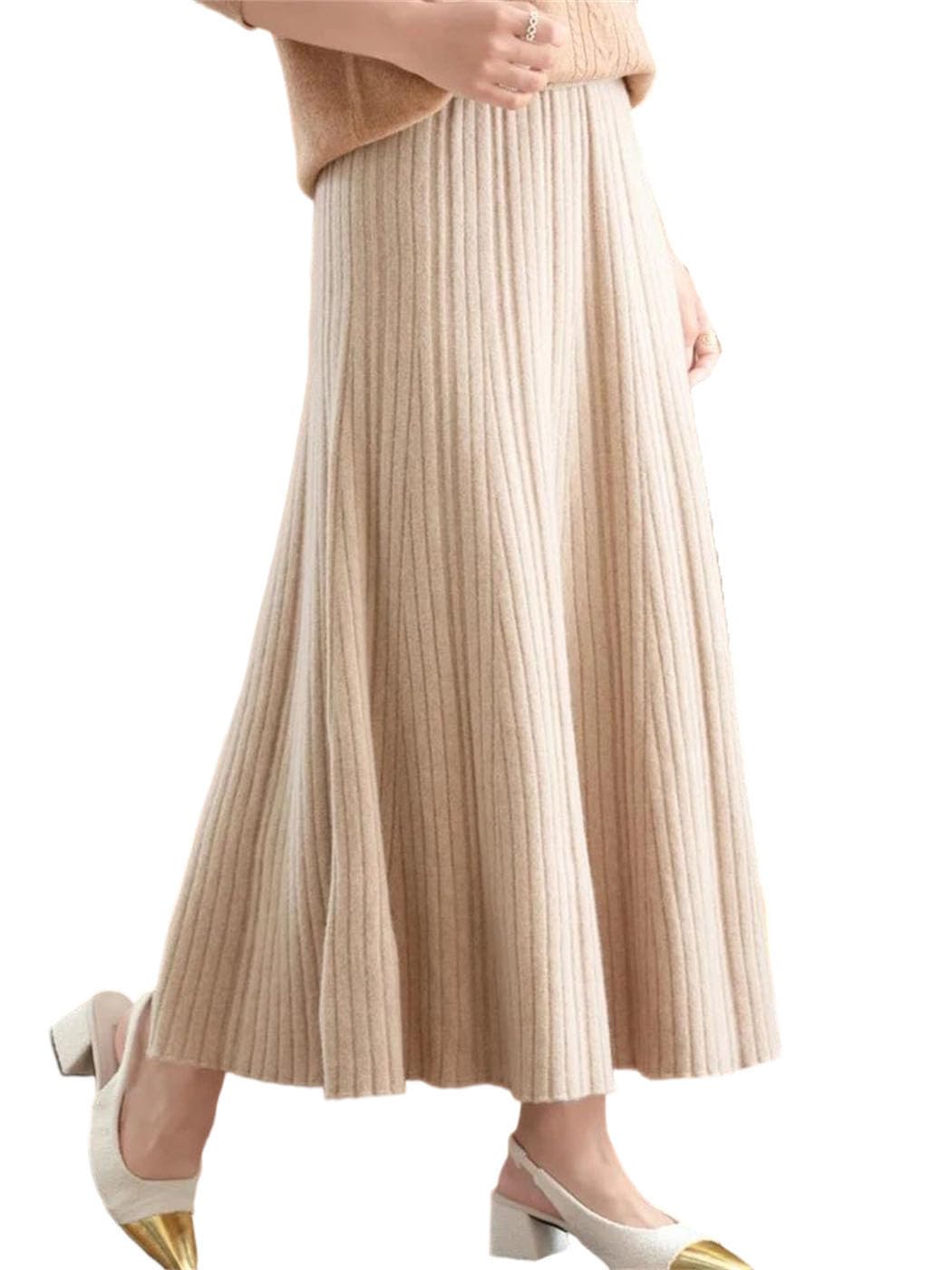 Womens Merino Wool Pleated Long Skirt Winter High Waist Soft Warm A Line Elegant Party Skirt