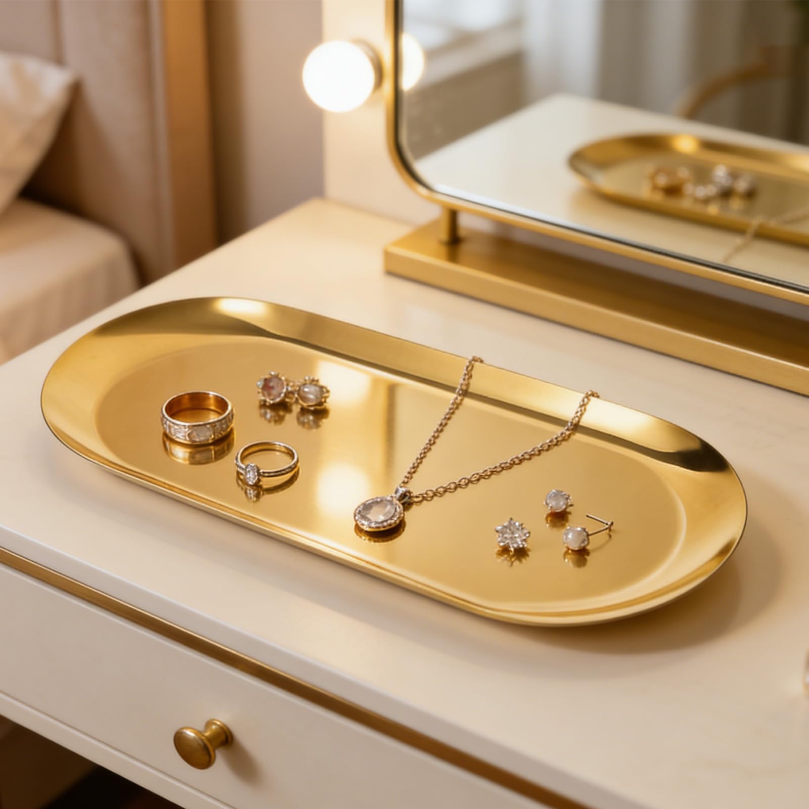 Confezione da 2 vassoi decorativi in acciaio inossidabile, vassoio ovale da 30,5 cm, per gioielli, piccoli piatti portaoggetti per cosmetici, organizer per chiavi del bagno, candele (oro)