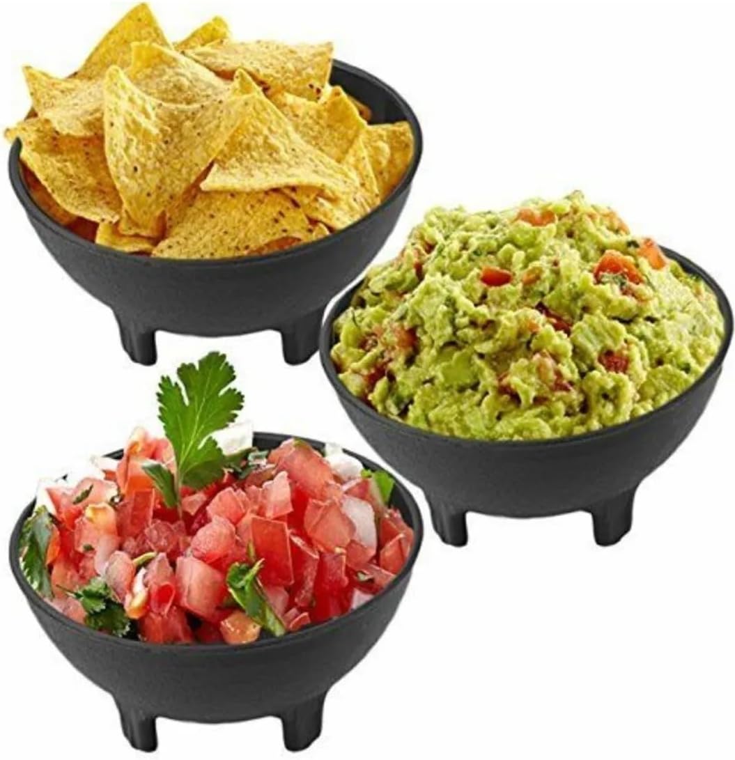 Taquería Salsa Set – 3 Molcajete Bowls (8.5 oz) + 3 Assorted Salt Shakers – Authentic Mexican Utensils for Tacos, Salsa & Parties – Made in Mexico – BPA-Free (Tomatoes)