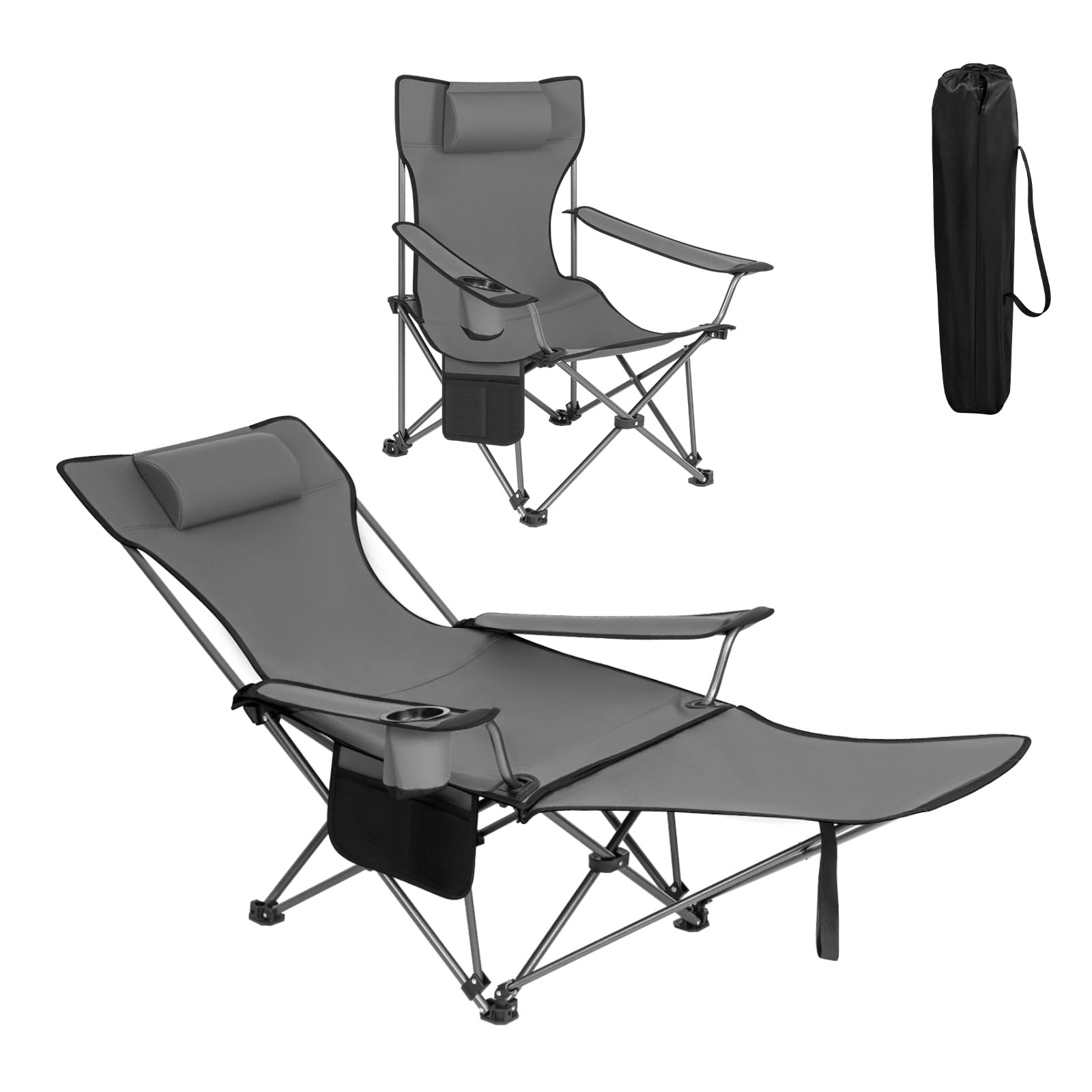 WOLTU Camping Chair Lightweight Folding Fishing Chair with Retractable Footrest and Removable Headrest, Carry Bag, for Outdoor Activities, Grey