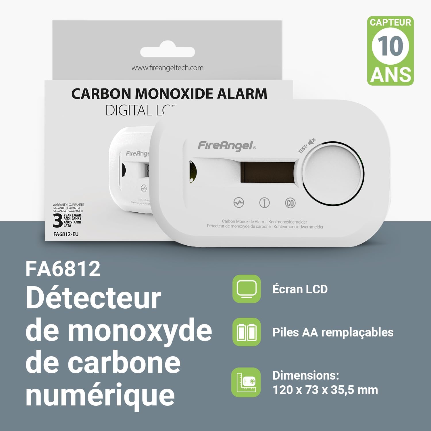 FireAngel FA6812 Carbon Monoxide Detector with packaging showing 10-year sensor and replaceable AA batteries