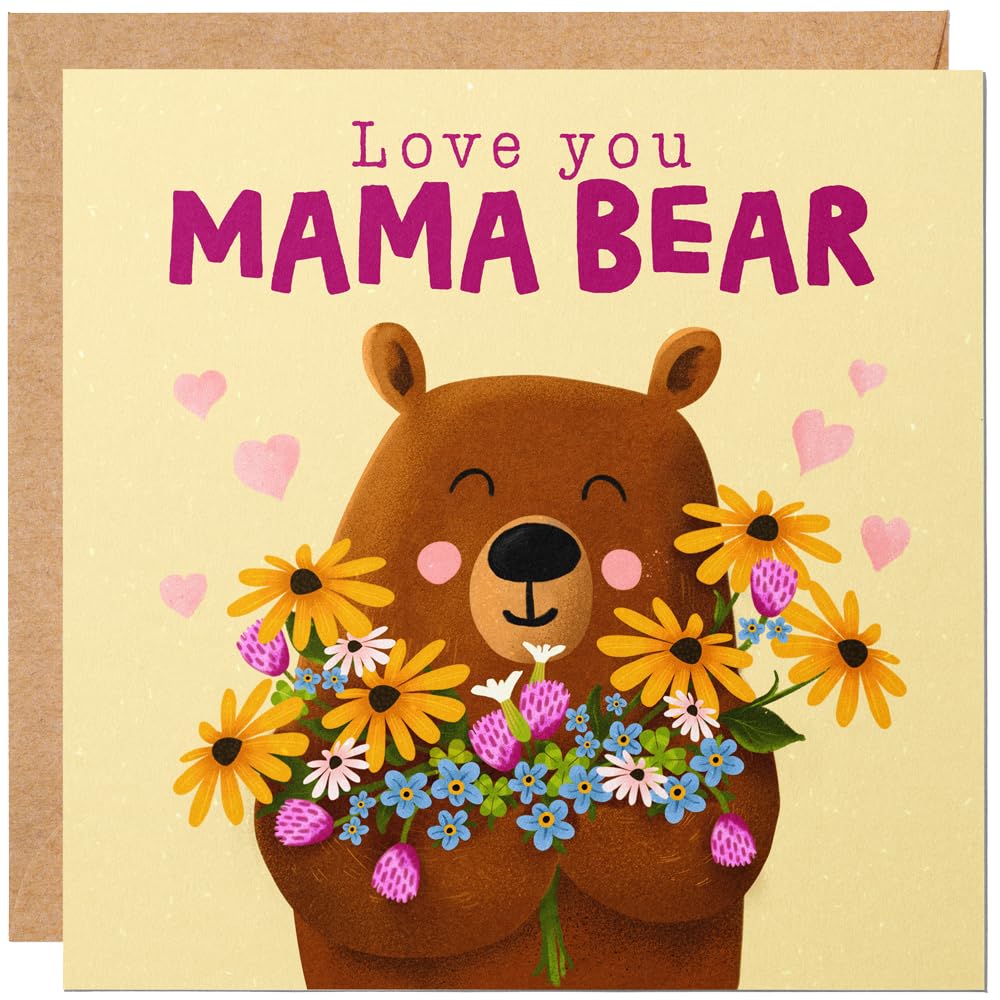 Mothers Day Card for Mum from Daughter or Son - Cute Design with Mama Bear - Mum Birthday Cards
