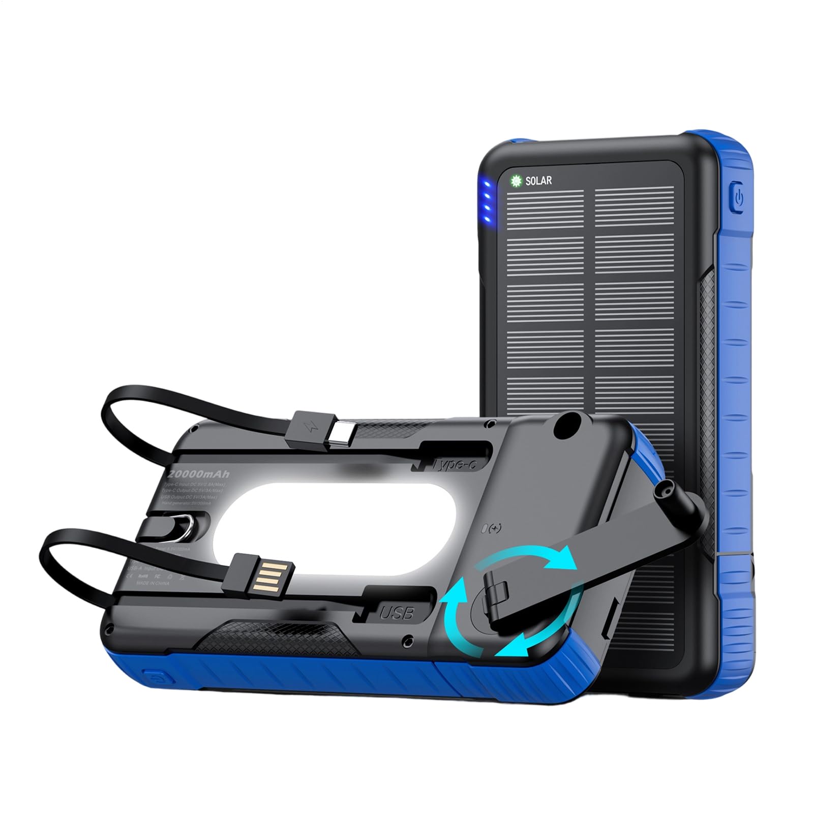 Caricatore Solare Power Bank Power Bank Impermeabile 20000mAh | Power Bank con Manovella e Energia Solare per Fotocamera Tablet Escursionismo Viaggio Road Trip Pesca Zaino in Spalla