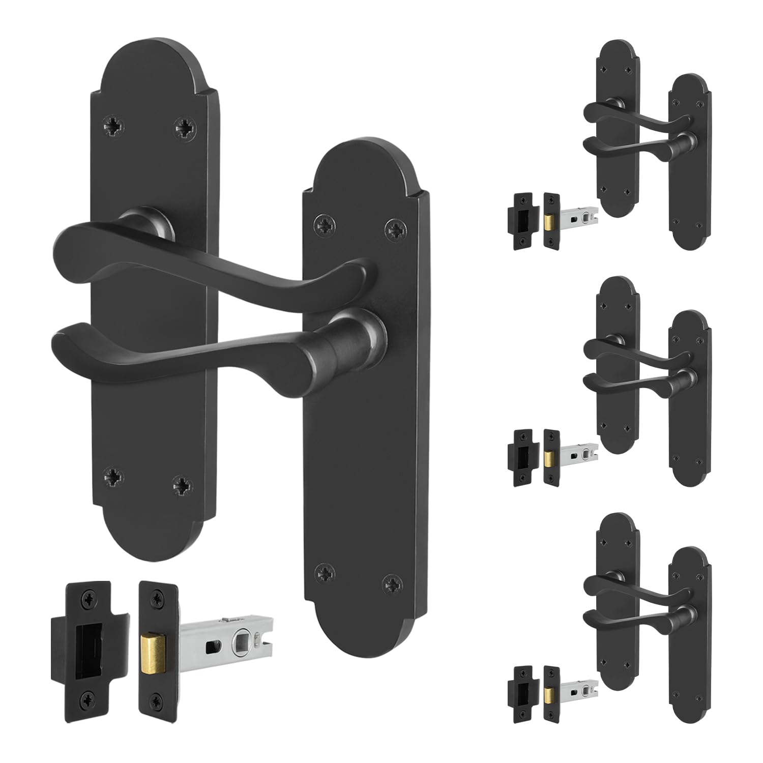 Eai Matt Black Black Door Handles With Latch, 4 Pairs Internal Victorian Scroll Shaped Backplate, Latch 64Mm