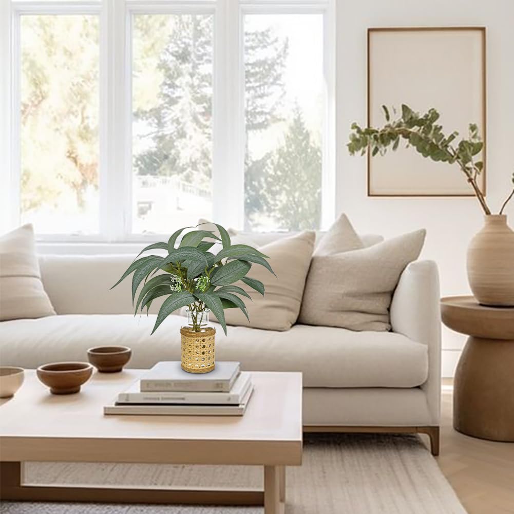 Lot de 2 tiges d'eucalyptus artificielles dans un vase en verre avec eau synthétique et panier tissé de 27,9 cm - Feuilles d'eucalyptus artificielles pour maison, bureau, ferme, chambre à coucher,