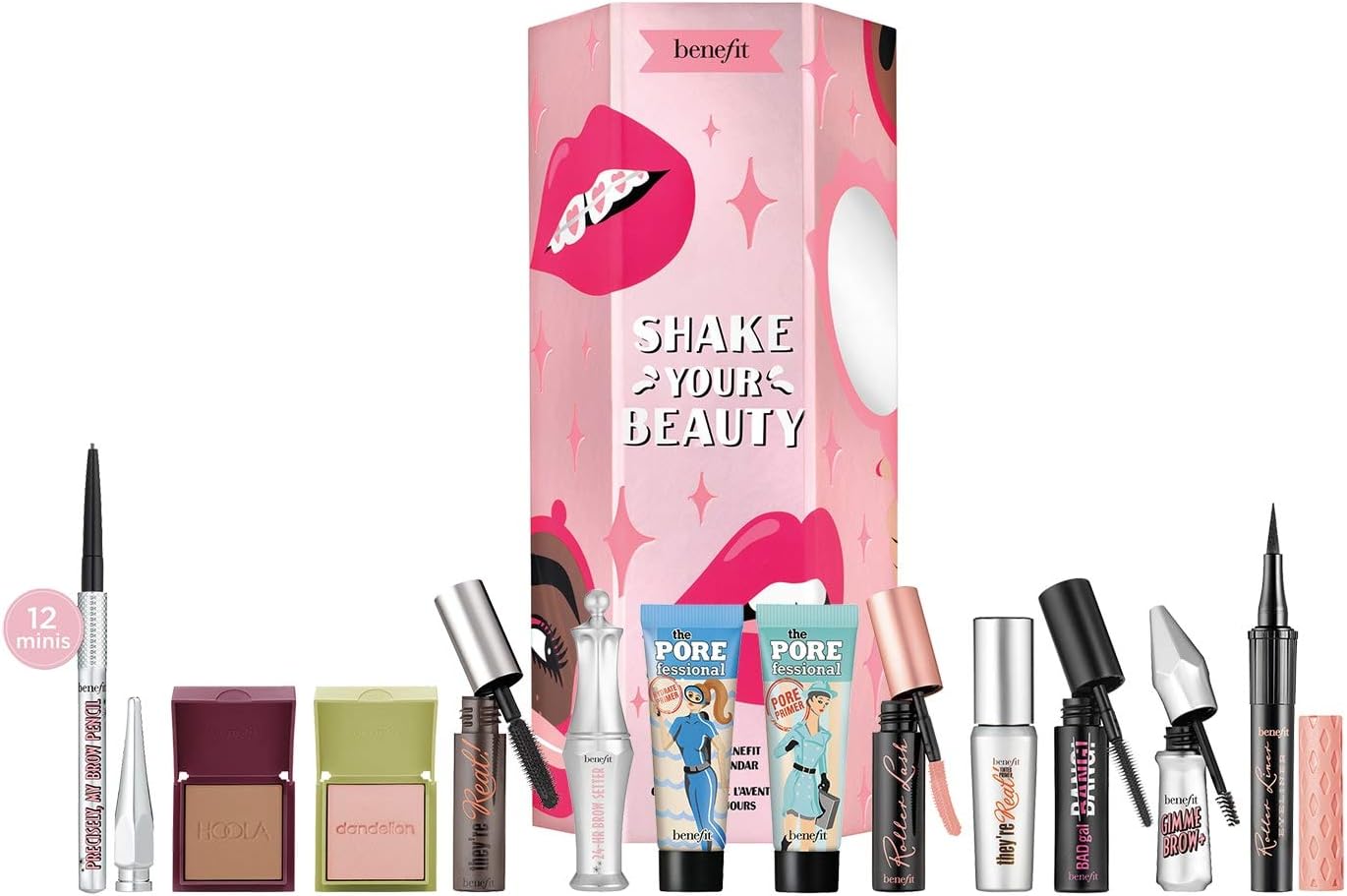 BENEFIT Shake Your Beauty: Set of 12 TRAVEL-SIZE bestsellers including hoola bronzer and they're real and roller lash mascaras (worth £125+)