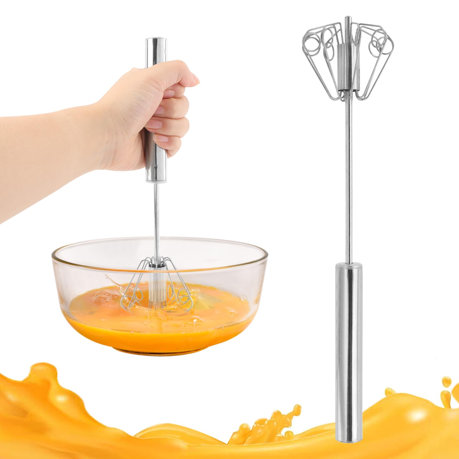 Stainless Steel Eggbeater, Egg Beater Whisk, Rotating Semi-Automatic Eggbeater, Hand Push Whisk Blender, for Blending, Whisking, Beating & Stirring(silver)