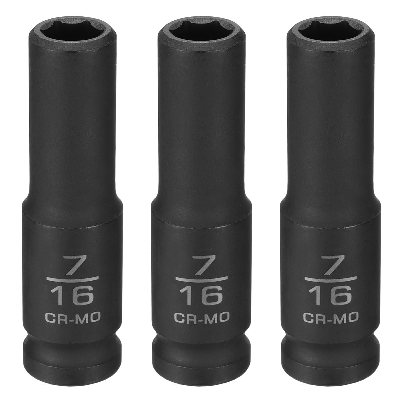 sourcing map 3pcs 6 Point Shallow Impact Socket 7/16" Socket 1/2" Square Drive 78mm (3.1") Long 40CRMO for Home Auto Axle Hex Nuts Bolts Repair, Black