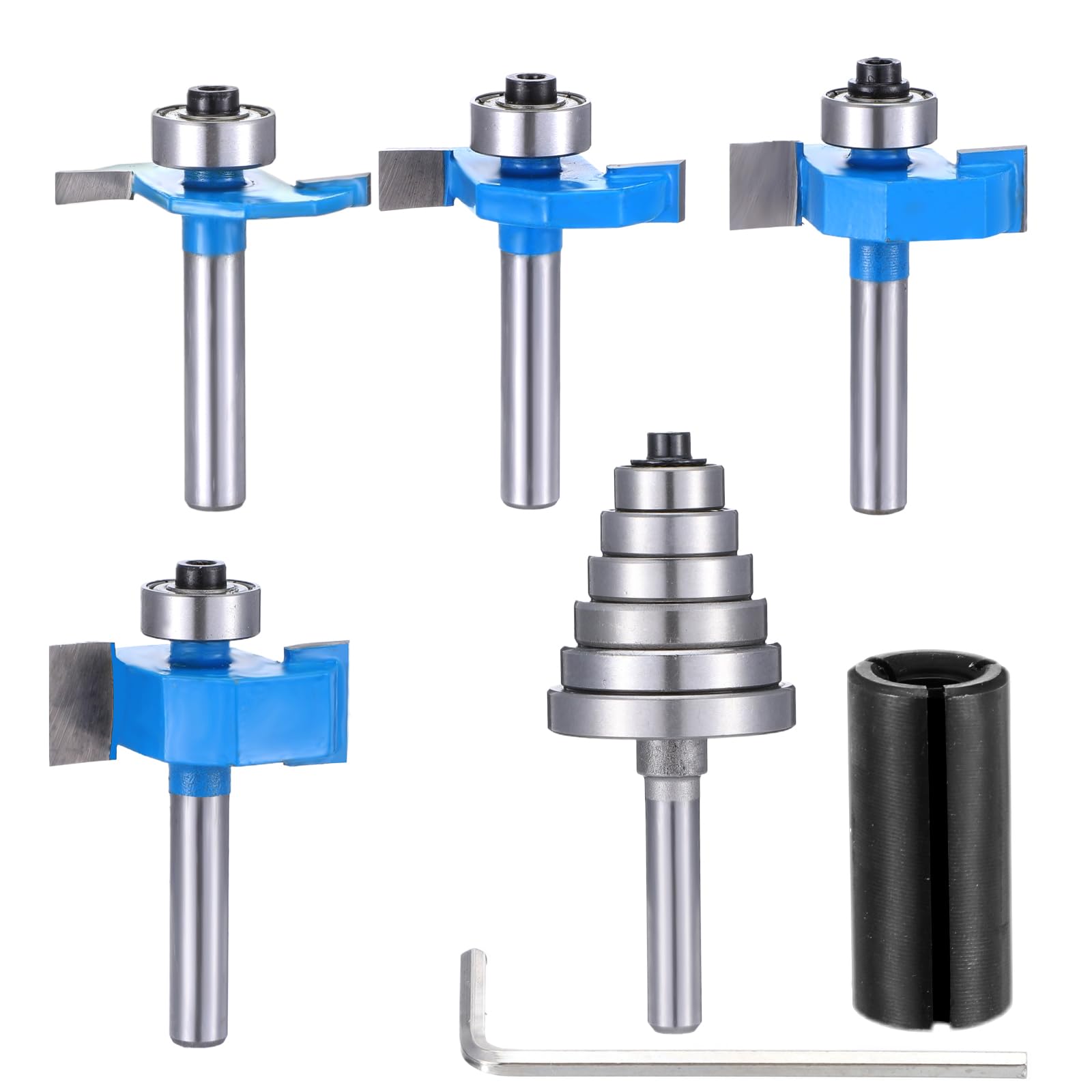 4Pcs Rabbet Router Bit Set 1/4 Inch Shank Rabbeting Router Bits（1/8",1/4",3/8", 1/2" Height） with 6 Bearings Set (1", 1/2", 5/8", 3/4", 7/8", 1-1/8"