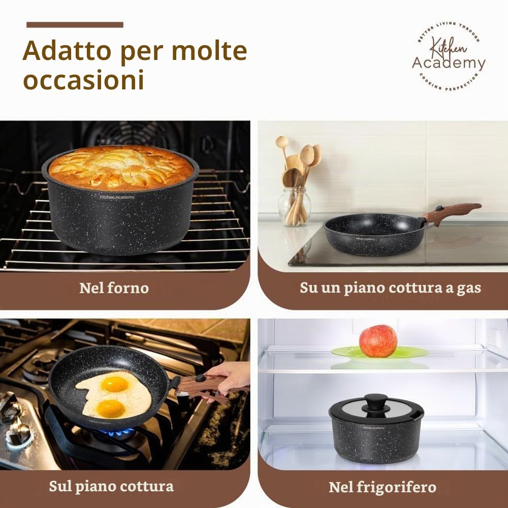 Kitchen Academy Set di pentole da 10 pezzi, Set di pentole e padelle con coperchi in vetro, Rivestimento in marmo, Rivestimento antiaderente, Adatto all'induzione, Manico liscio venato (Nero)