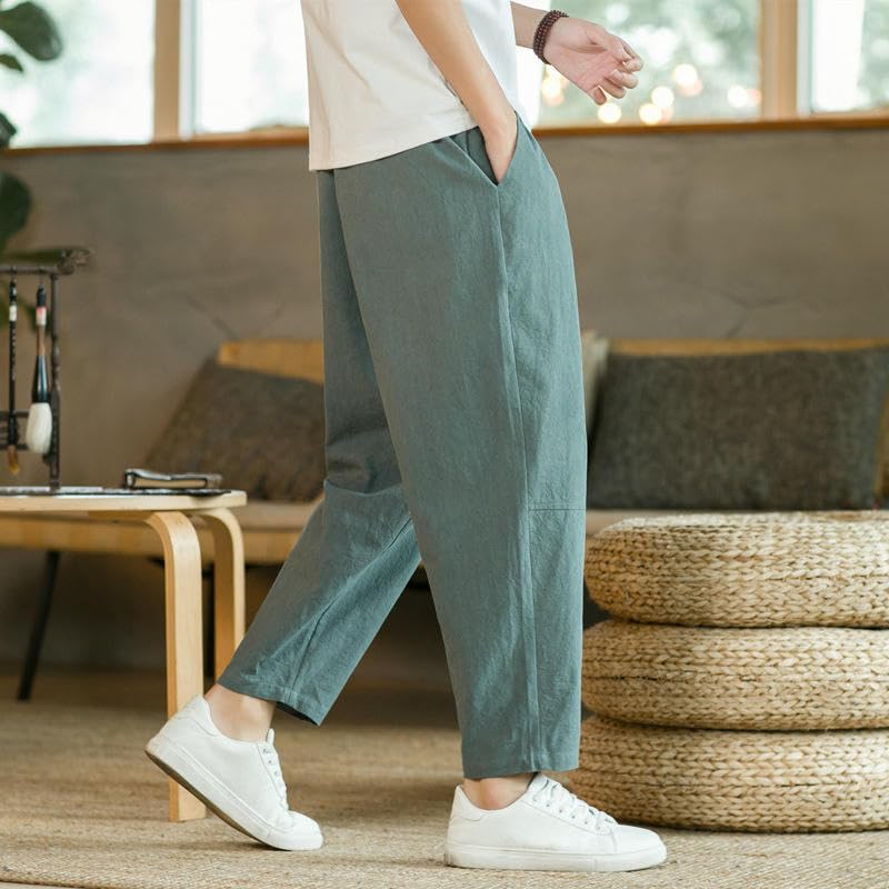 Men's Summer Minimalist Cotton Linen Loose Korean Style Trendy Cropped Straight Casual Long Pants4