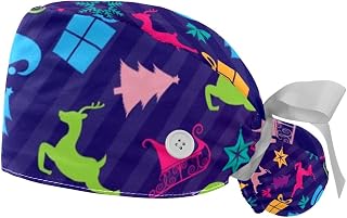 2 Packs Working Cap with Buttons Sweatband Adjustable Hats Surgical Caps for Women Men, Camping Christmas Tree Snowman