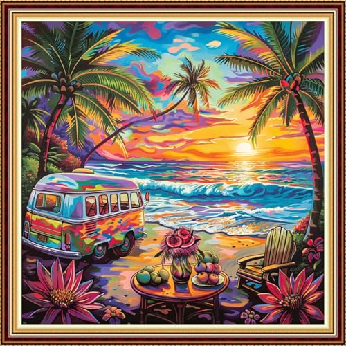 Image of Fanxvivy Stamped Counted Cross Stitch Kits for Adults Printed Cross-Stitch Patterns 11CT Stamped or Counted Cross Stitching Embroidery Kit Needlepoint Kits-Sunset Afternoon Tea 18x18 inch