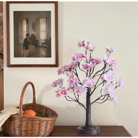 Kalynmart Cherry Blossom Tree Lamp 18inch 24Led Bonsai Tree Lights with 8 Modes for Bedroom Spring Wedding Decor Pink Silk Flowers Artificial Tree with Battery USB Operated (Warm White) Cover