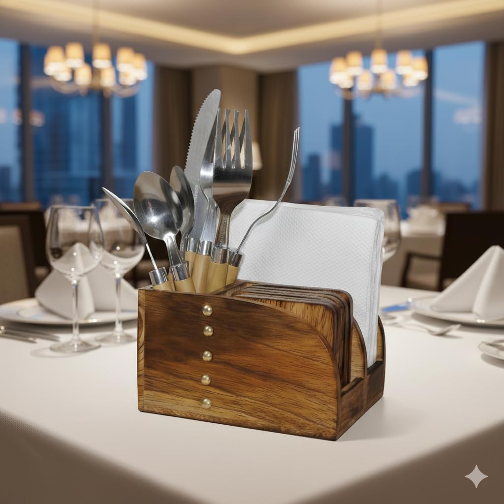 Wooden Coaster Set with Cutlery and Tissue Holder, Kitchen Counter Organizer, Multipurpose Storage Solution-image-36