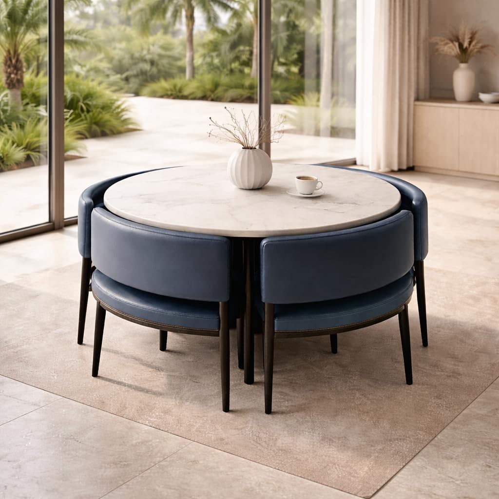 Deep Sleep Space-Saving Round Dining Table Set | Ceramic Stone-Look Tabletop | 4 Nesting Cushioned Chairs | Modern Compact Dining Set for Apartments | Blue & White