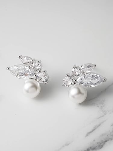 Miniatura 6 de SWEETV Aretes de perlas de boda para novias, damas de honor, aretes de racimo de perlas nupciales, aretes de perlas de circonita cúbica para mujer,