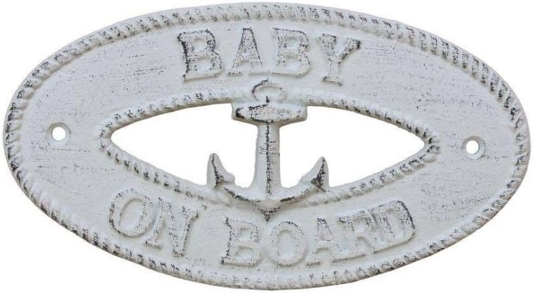 Hampton Nautical Whitewashed Baby on Board with Anchor Sign 8"-Decorative Metal Wall Art-Cast Iron Nautical