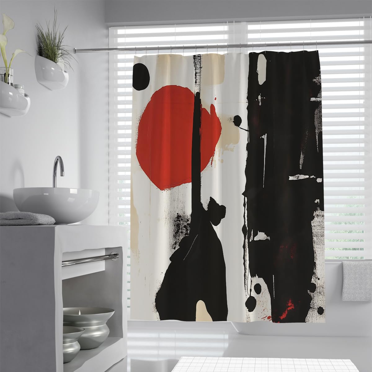 OLLIAR Home Oil Painting Abstract Shower Curtain Boho Modern Neutral Contemporary Brush Strokes Art Polyester Fabric Bathroom Curtains Set with Hooks 240x180cm