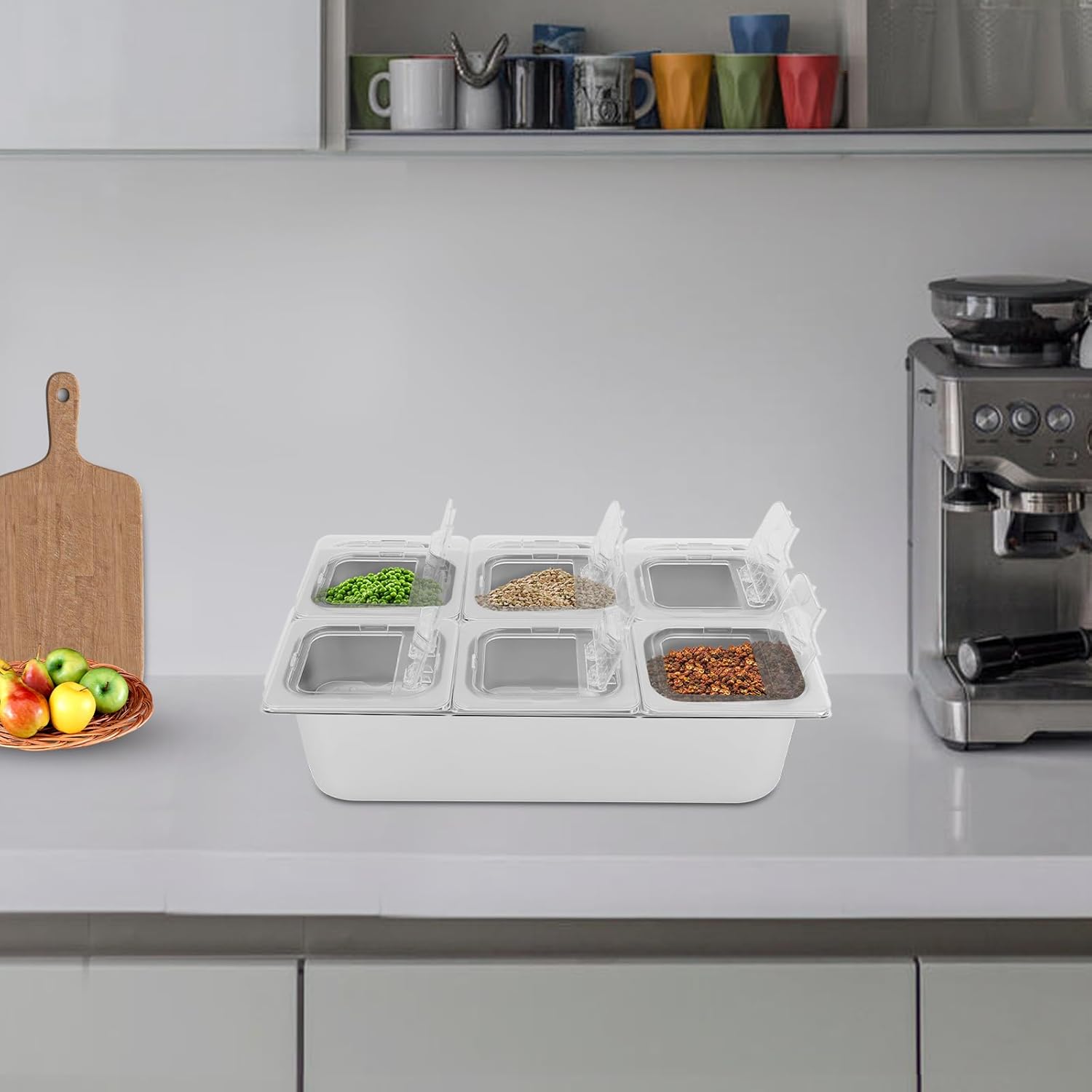 Countertop Food Serving Display Container, 6 Pan Stainless Steel Food Serving Tray with Acrylic Replaceable Lids and Water-filtering Gaskets, Buffet Condiment Dispenser Display Rack
