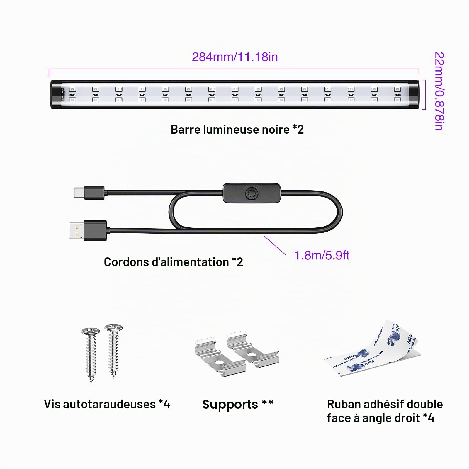 Onforu 10W tube de lumière noire, USB 28cm UV lampe, 385-400nm lumière UV, LED Bar pour discothèque, club, glow party, accessoires de fête, décoration d'Halloween, 2er