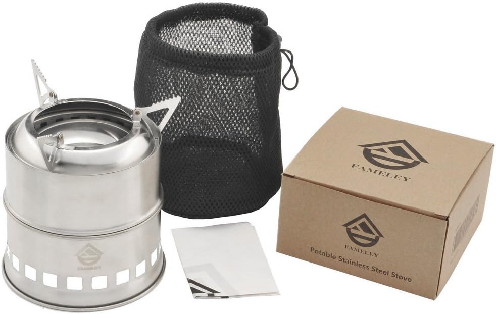 FAMELEY Camping Stove/Backpacking Stove, Portable Stainless Steel Wood Burning Stove with Nylon Carry Bag for Outdoor Hiking,Traveling and Picnic