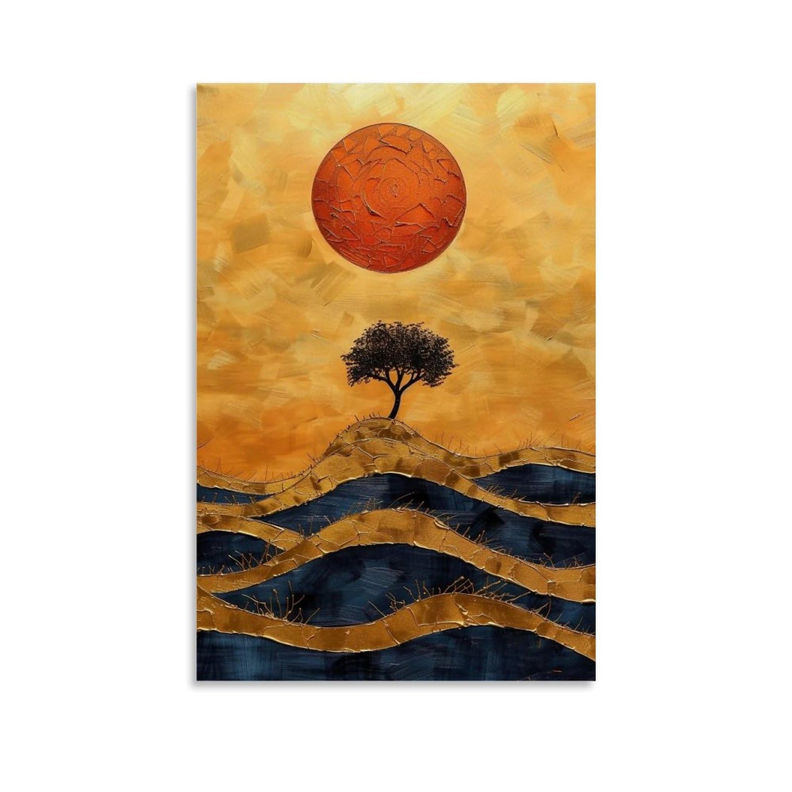 MGHTGRWE Gilded Impasto Minimal Lone Tree Red Sun Rolling Hills 03 Poster Wall Art Canvas Vintage Aesthetic Painting Decor for Rooms 16x24inch Unframe-style
