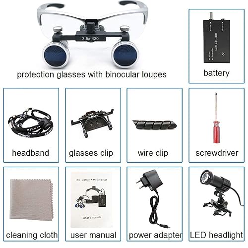 Miniatura 6 de Lupa quirúrgica dental 2.5X3.5X con aumento LED, lupa de cabeza con luz de 16.5 pulgadas (16.535 in), distancia de trabajo, gafas burdeos (3.5X,