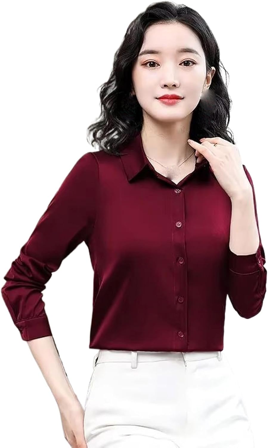 Women's Simple Vintage Office Lady Korean Shirt Elegant Solid Satin Blouse Top