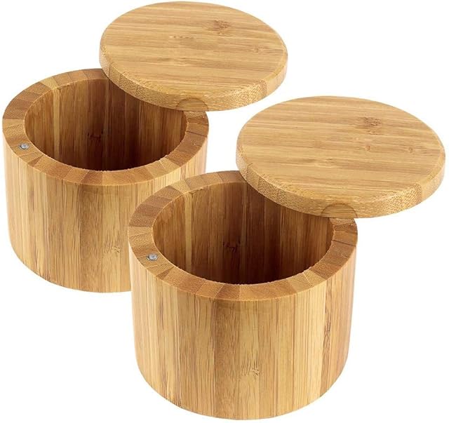 Bamboo Salt and Pepper Box - ABEDOE 100% Organic Wood Storage Boxes, Swivel Lid Container for Kitchen Storage Seasoning Jar