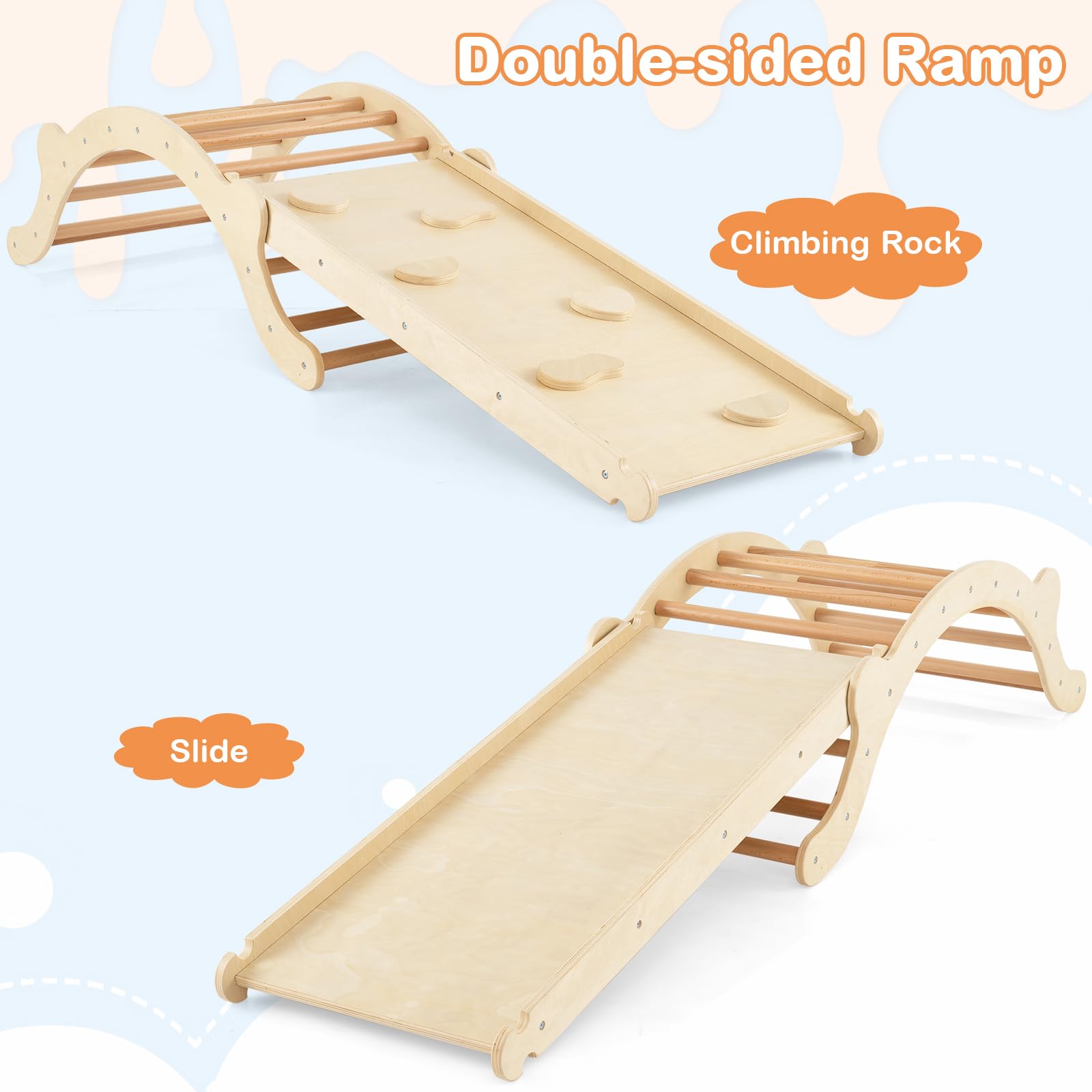 HOMASIS 3-in-1 Kletterbogen mit Rutsche & Wippe, Klettergerüst Indoor mit umkehrbare Rampe & Matte, Kletterdreieck zum Rutschen, Klettern, Schaukeln, für Kinder ab 1 Jahr (Natur, Modell 2)