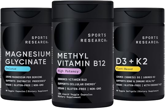 Sports Research Pack - Plant Based Vitamin B12 as Methylcobalamin 2000mcg + Magnesium Glycinate 160mg + Vegan Vitamin D3 5000iu & Mk7 Vitamin K2 100mcg