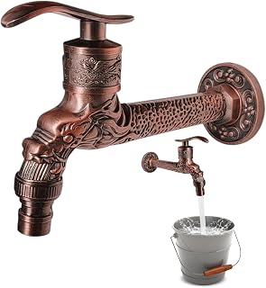 Grifo Antiguo Vintage de Pared para Lavabo: Tallado en Forma de Dragón, Exterior Jardín, Faucet Bronce Rojo para El Hogar Cocina Baño, Mango Largo