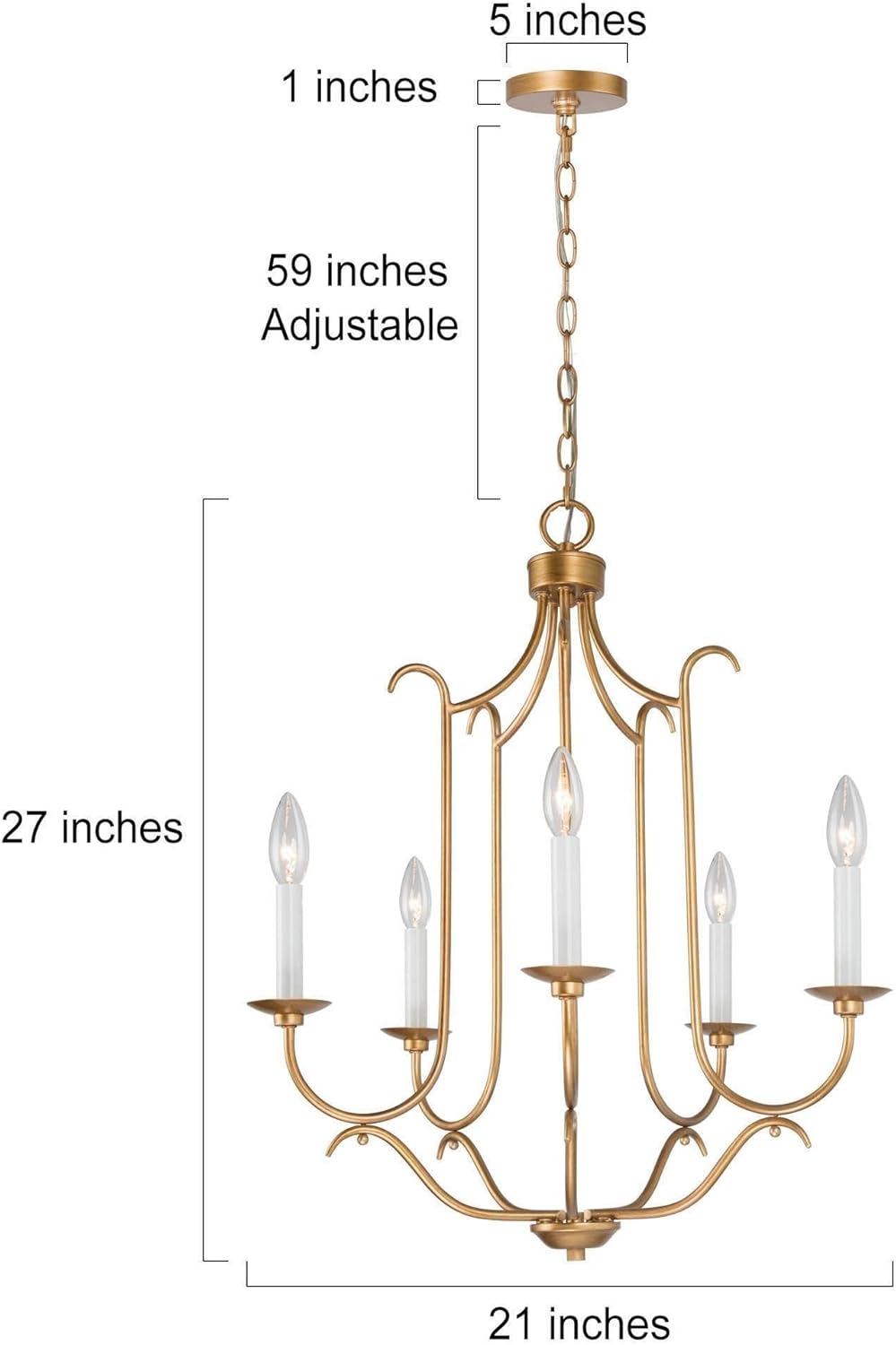 KSANA Gold Chandelier for Dining Room, 5 Light Modern Chandelier Light Fixtures with Candlestick 21" Adjustable Hanging Chandelier for Living Room Bedroom Hallway