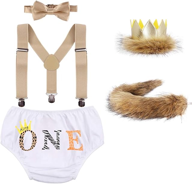 Baby Boys 1st/2nd Birthday Cake Smash Outits Lion Wild One Crown Fancy Dress Up Party Halloween Costume Shorts Bowtie SuspendersW/Tail 5PCS Clothes Set White King-One 0-24Months